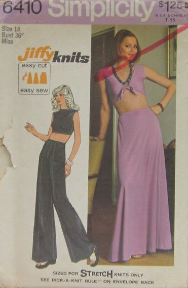 MISSES' JIFFY KNIT MIDRIFF TOP, SKIRT AND WIDE-LEG PANTS