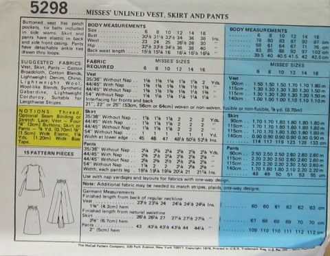 MISSES' UNLINED VEST, SKIRT AND PANTS