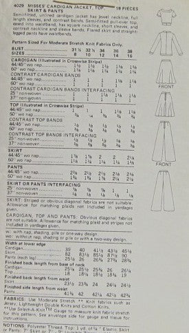 MISSES CARDIGAN JACKET TOP SKIRT AND PANTS