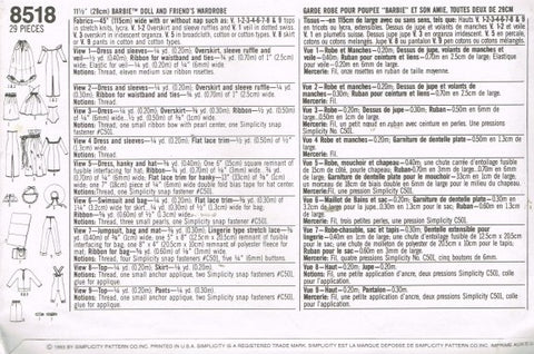 11 1/2 29CM BARBIE TM DOLL AND FRIENDS WARDROBE