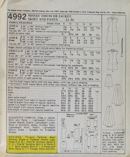 MISSES DRESS OR JACKET SKIRT AND PANS