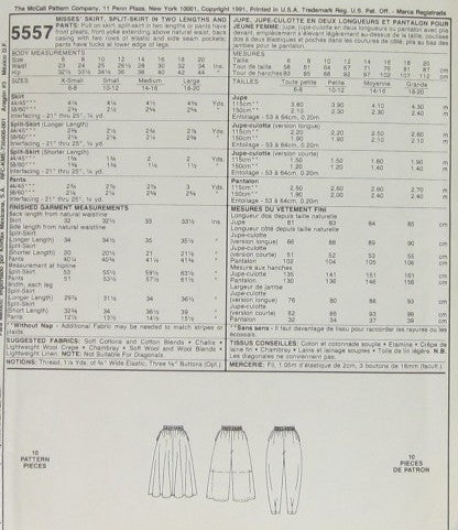 MISSES' SKIRT, SPLIT SKIRT IN TWO LENGTHS AND PANTS