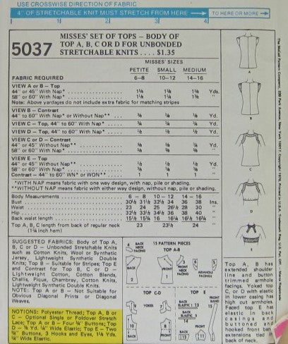 MISSES SET OF TOPS-BODY OF TOP A,B,C, OR D FOR UNBOND