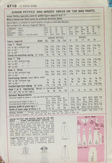 JUNIOR PETITES' AND MISSES' DRESS OR TOP AND PANTS (CUT)