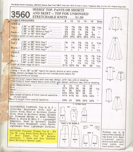 MISSES' TOP PANTS SHORT SKIRT