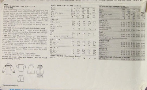 MISSES JACKET TOP CULOTTES AND SHORT