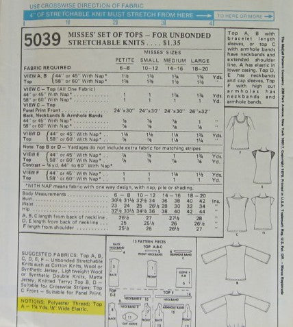 MISSES SET OF TOPS -FOR UNBONED STRETCHABLE KNITS