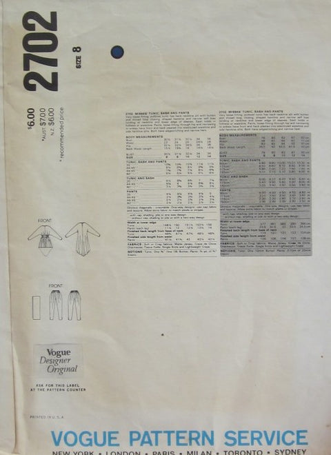 MISSES TUNIC SASH AND PANTS  CUT
