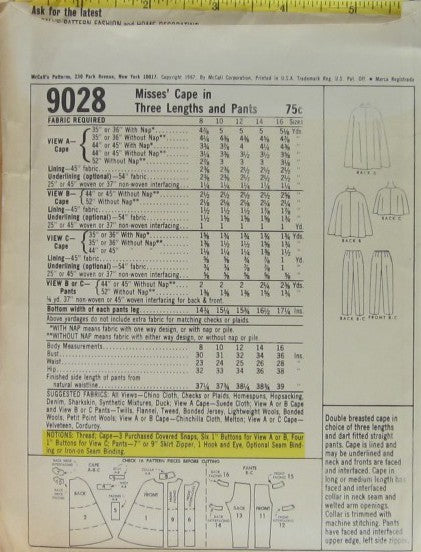 MISSES' CAPE IN THREE LENGTHS AND PANTS