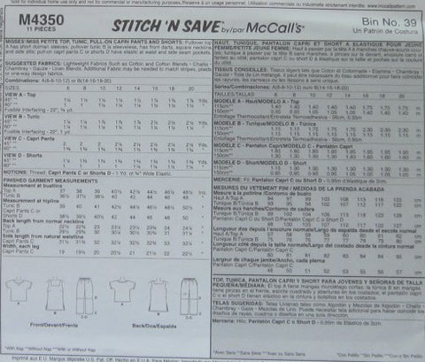 MISSES/MISS TOP TUNIC CAPRI PANTS AND SHORTS