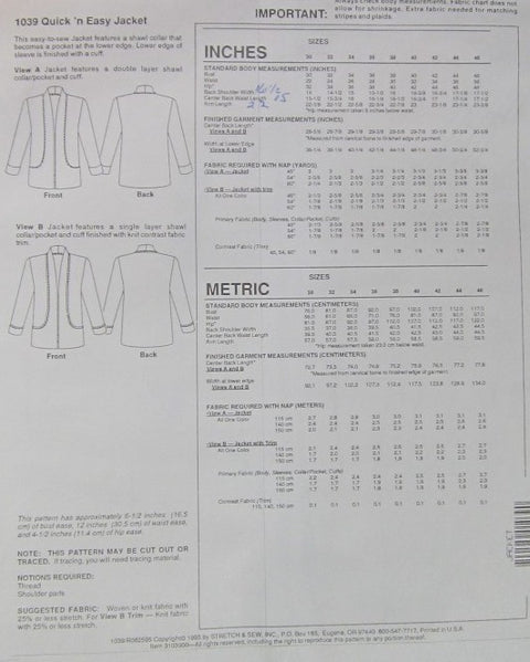 MISSES JACKET        CUT