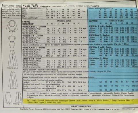 MISSES' UNLINED JACKET, SKIRT AND PANTS