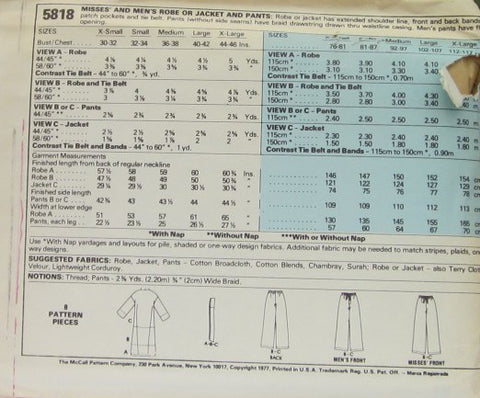 MISSES' AND MEN'S ROBE OR JACKET AND PANTS