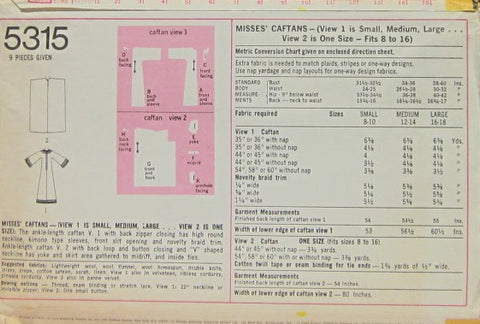 MISSES' CAFTANS --VIEW 1 IS SMALL, MEDIUM, LARGE...VIEW 2 IS ONE SIZE