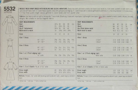 MISSES' MOCK-WRAP DRESS WITH NECKLINE AND SLEEVE VARIATIONS