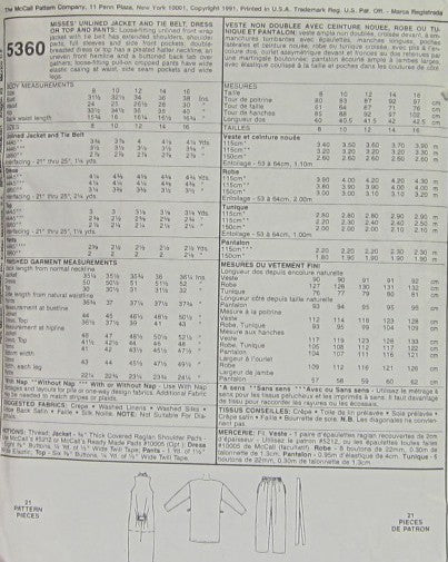 MISSES' UNLINED JACKET AND TIE BELT, DRESS OR TOP AND PANTS