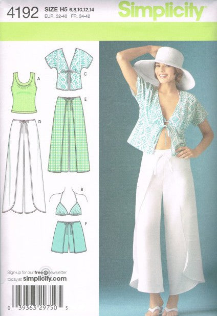 MISSES' WRAP PANTS IN TWO LENGTHS OR SHORTS, KIMONO TOP, BRA