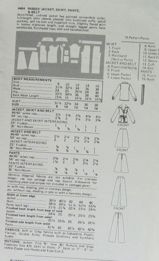 MISSES JACKET SKIRT PANTS AND BELT