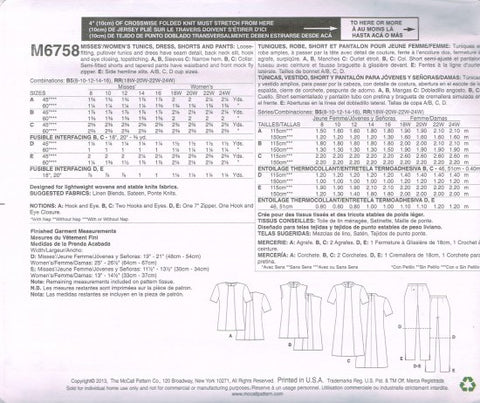 MISSES'/WOMEN'S TUNICS, DRESS, SHORTS AND PANTS