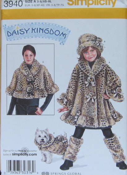 CHILDS COAT HAT LEG WARMERS AND MISSES CAPELET AND DOG