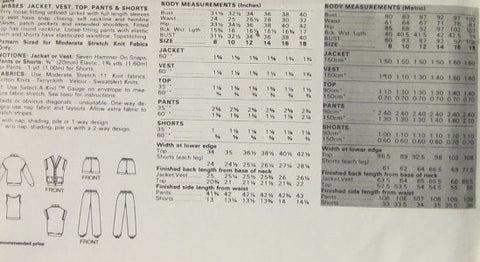MISSES JACKET VEST AND PANTS AND SHORTS