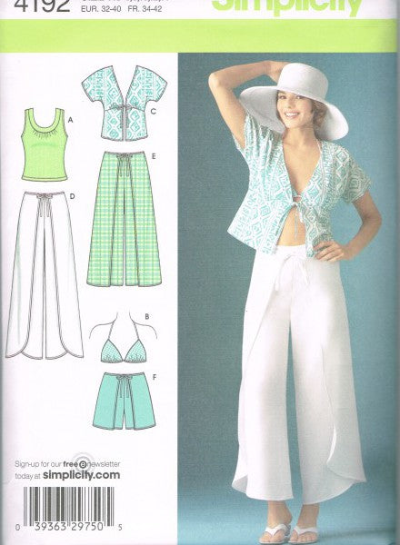 MISSES' WRAP PANTS IN TWO LENGTHS OR SHORTS, KIMONO TOP, BRA