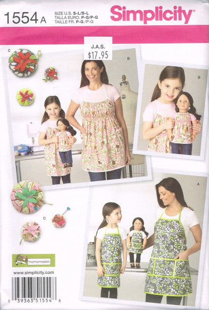 CHILD'S AND MISSES' APRONS AND 18 INCH DOLL APRON AND PIN CUSHION