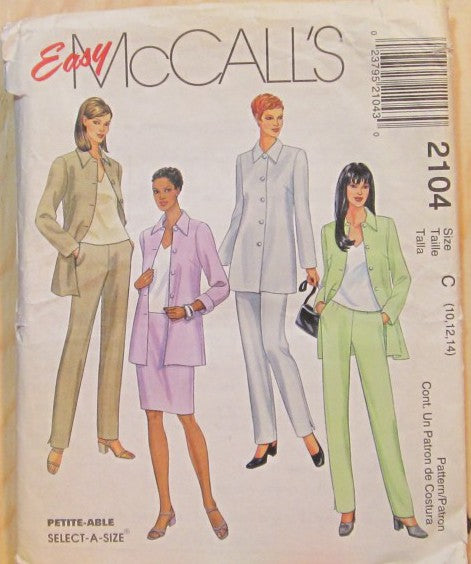 MISSES' UNLINED JACKET, TOP, PANTS AND SKIRT