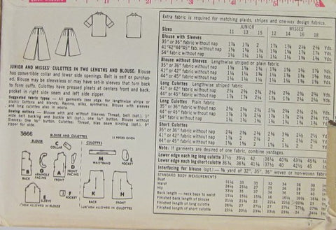 JUNIOR AND MISSES CULOTTES AND BLOUSE