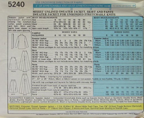 MISSES' UNLINED SWEATER JACKET, SKIRT AND PANTS SWEATER JACKET FOR