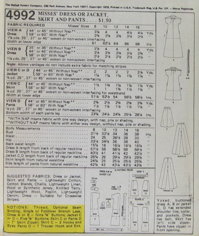 MISSES DRESS OR JACKET SKIRT AND PANS