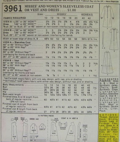 MISSES AND WOMENS COAT OR VEST AND DRESS (CUT)