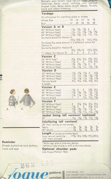 VOGUE 1959 SEWING PATTERN JACKETS