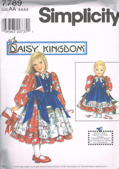 CHILD'S DRESS AND PINAFORE AND DOLL DRESS FOR 17 INCH DOLL