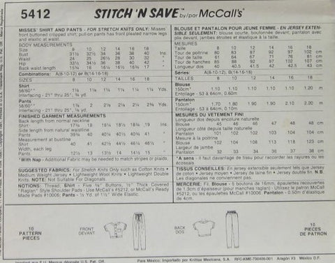 MISSES' SHIRT AND PANTS -FOR STRETCH KNITS ONLY