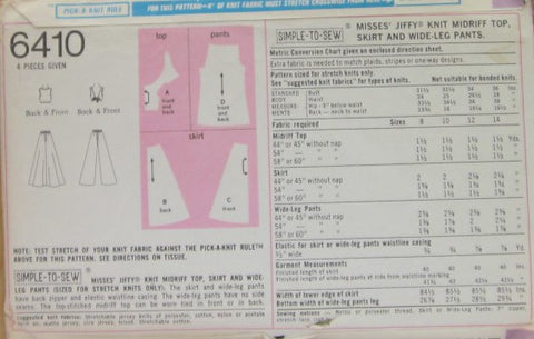 MISSES' JIFFY KNIT MIDRIFF TOP, SKIRT AND WIDE-LEG PANTS