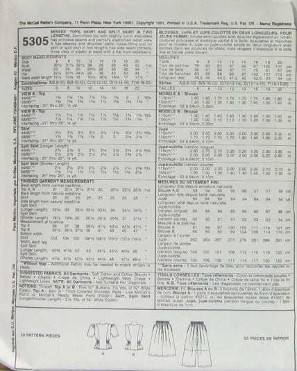 MISSES' TOPS, SKIRT AND SPLIT SKIRT IN TWO LENGTHS