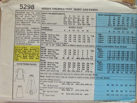 MISSES' UNLINED VEST, SKIRT AND PANTS