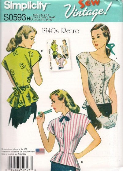 MISSES' BLOUSE WITH NECKLINE VARIATIONS 1940'S RETRO