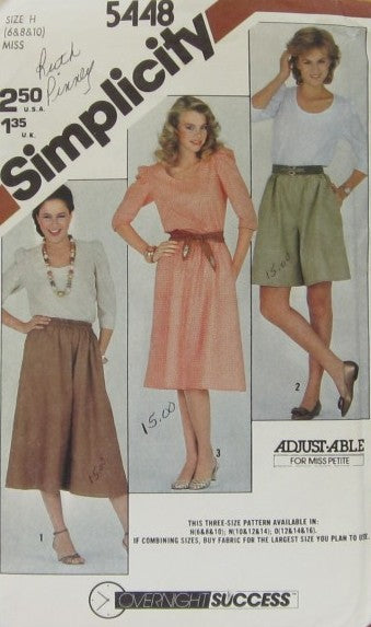 MISSES' PULLOVER TOP, PULL-ON CULOTTES IN TWO LENGTHS, SKIRT